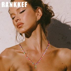 RANKEEF Gold Fish Necklace 14k Gold-Plated Fish Charm Colorful Beaded Chain Beach Jewelry Fish Necklace For Women