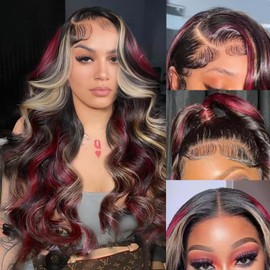 EVLYNN Glueless Black and Red with Blonde Highlight 13x4 HD Lace Front Body Wave Baby Hair Wigs Pre Plucked Skunk Stripe Frontal Wavy Color Naturala Hairline Wig for Women for Daily Cosplay Party Use