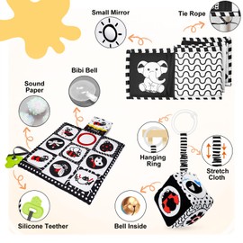 Baby Toys 0-6 Months, Notique 4 Pcs Newborn Black and White Baby Toys, Montessori Tummy Time Toys 0 3 6 9 Months, Sensory Soft Book for Babies, Educational Cards Baby Essentials Infant Toys Baby Gifts
