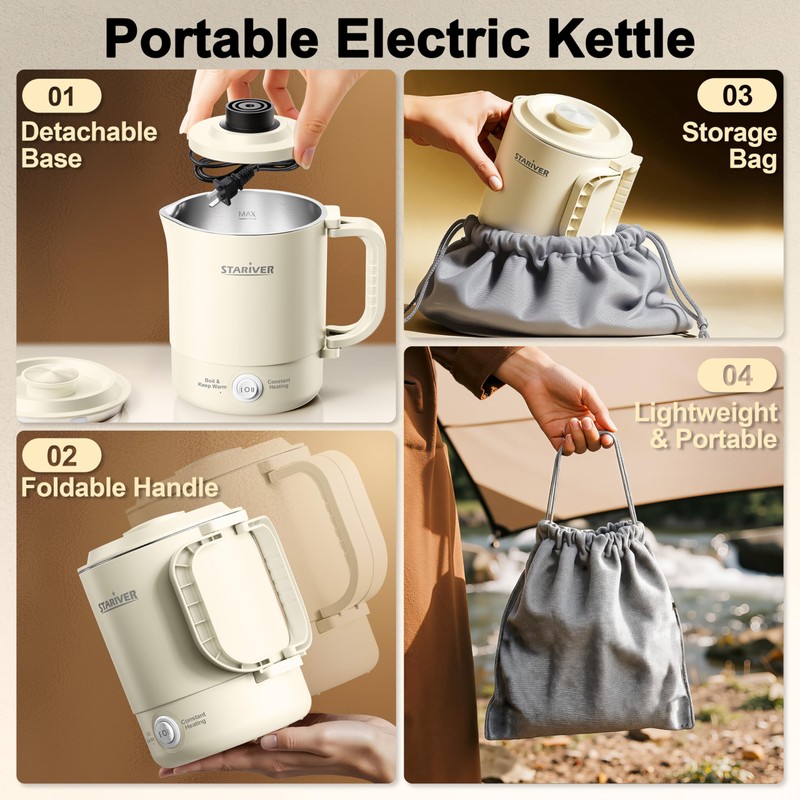 Stariver Portable Travel Kettle, 600ML Small Electric Kettle with Foldable
