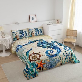 Seahorse Comforter Set Queen Size Ocean Animal Bedding Set 3pcs for Kids Teens Room Decor,Teal Blue Sea Horse Marine Mediterranean Style Design Quilt Set Soft Duvet Insert with 2 Pillowcases