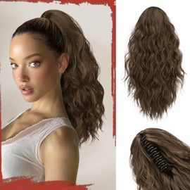 SOFEIYAN Ponytail Extension, 16 inch Claw Clip Ponytail Extension Wavy Curly Ponytails Synthetic Pony Tails Hair Extensions Natural Fake Hairpiece for Women - Brown & Light Auburn Mixed