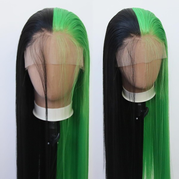 Towarm Long Straight Half Black Half Green Synthetic Lace Front Wigs for Women Natural Heat Resistant Fiber 13x3 Inch Hand Tied Cosplay Wig (Straight, Black and Green)