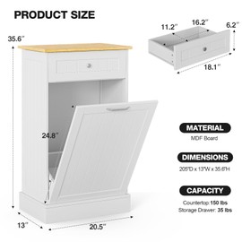 GAZHOME 10 Gallon Tilt Out Trash Cabinet, Upgrade Wooden Free Standing Recycling Trash Cabinet with Hideaway Drawer(White)