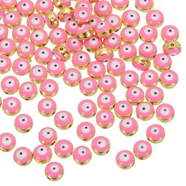PATIKIL 8mm Evil Eye Beads, 100 Pcs Flat Round Turkish Evil Eye Charm with Golden Edge Spacer Beads Eyeball Bead for Bracelet DIY Necklace Earrings Making, Rose Red