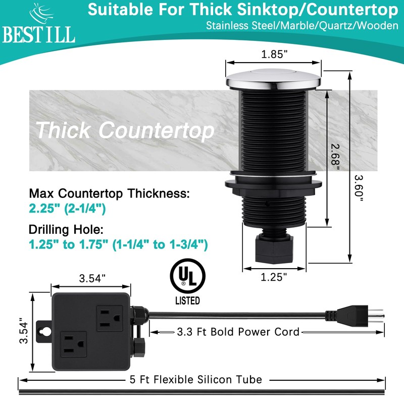 BESTILL Garbage Disposal Air Switch Kit with Dual Outlet, 3.6"