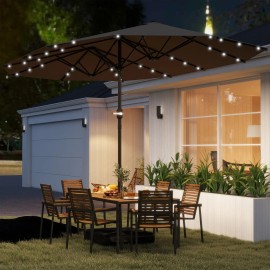 14.4 Ft. Double Sided Garden Parasol with LED Solar Lights Patio Sun Umbrella Khaki Includes BaseColor: default Color