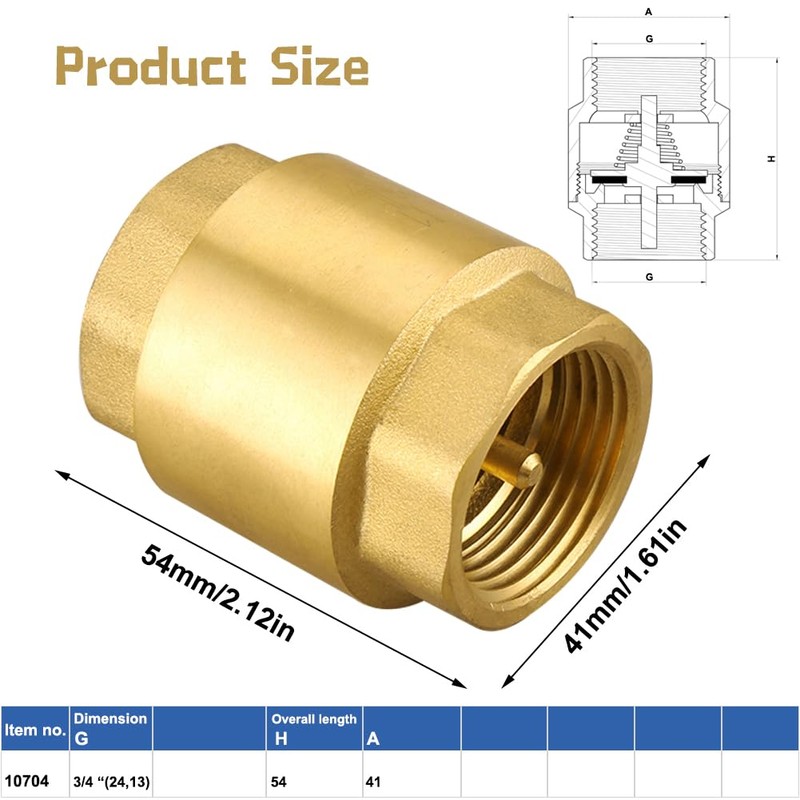 3/4 Inch Brass Check Valve with Female Thread, DN20 Backflow