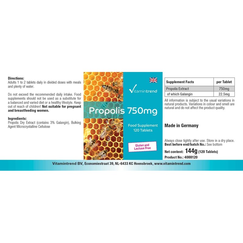 Vitamintrend Propolis Extract 750 mg, 120 Tablets, with Galangin, Dietary