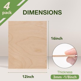 Wowood 4 Pack Birch Plywood Sheets, 12 x 16 x 1/8 Inch, 3mm Plywood for Laser Cutting, Thin Unfinished Wood Sheets for Architectural Models, Wood Burning and DIY Wood Crafts