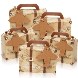 CHolic 50Pcs Party Favor Candy Box, World Map Mini Suitcase Favor Box , Vintage Kraft Paper with Tags and Burlap Twine for Travel Themed Party, Bridal Shower, Wedding Decorations
