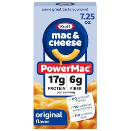 Kraft PowerMac Mac and Cheese, 1 Box, for Protein Easy Dinners or Dinner Sides, Original Flavor, 17g Protein and 6g of Fiber per Serving, No Artificial Flavors, Preservatives or Dyes, 7.25 oz