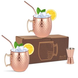 Tableware Melody Moscow Mule Mugs Set of 2 – Hammered Copper Cups with Stainless Steel Lining, 2 Straws & Jigger – Barware Gift Set for Cocktails, Weddings, Home Entertaining