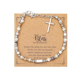 COLORFUL BLING Christian Religious Cross Natural Stone Beaded Bracelet Adjustable Chain Turquoise Bracelet for Women Friend Prayer Communion Easter Catholic Jewelry Gifts-D green