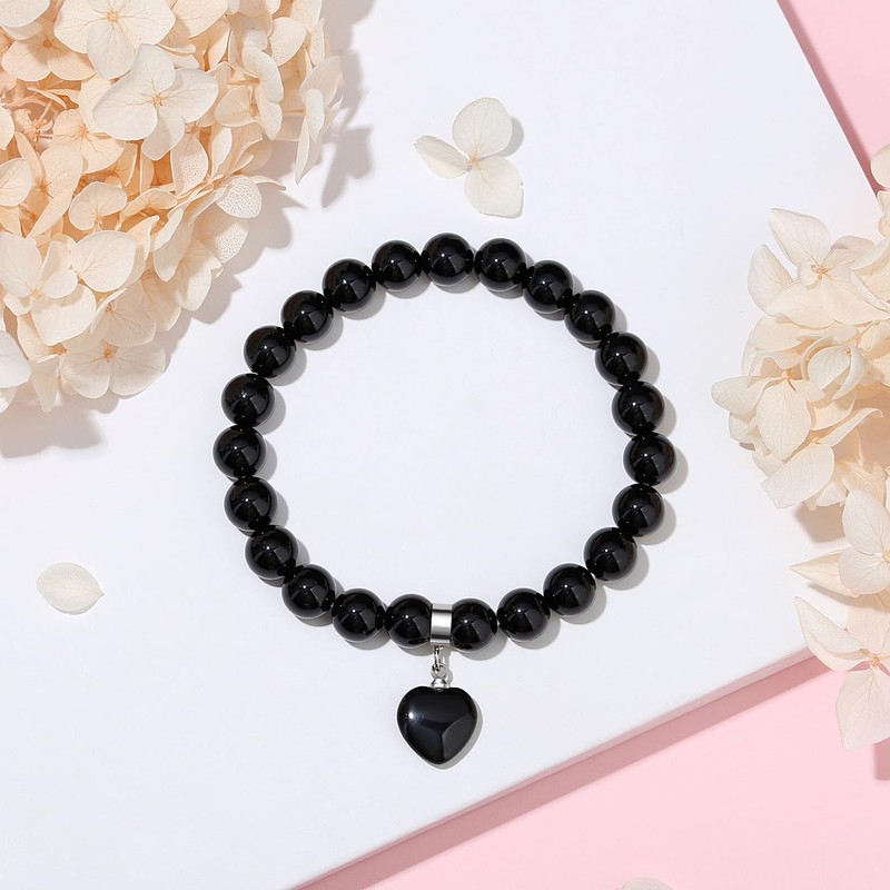 AWARDSEN Black Obsidian Crystal Bracelet Heart Jewellery Bracelet 8mm Natural