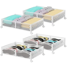 Under Bed Storage with Wheels,Patterned,Sturdy Metal,4 Pack,White | Tool-free assembly, glide smoothly, easy reach, foldable, maxmazie low-profile beds, dorm, keep seasonal clothes, shoes fresh