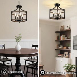 WBinDX 4-Light Farmhouse Chandelier, Rustic Metal Hanging Pendant Lighting, Convertible Semi Flush Mount Ceiling Light Fixture Faux Wood Black Chandeliers for Dining Room Kitchen Foyer Entryway