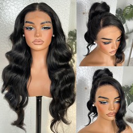 13x6 HD Glueless Lace Frontal Wigs Pre-Plucked, 200 Density Natural Black Similar Human Hair Synthetic Long Body Wave Lace Front Wig Ready to Wear, 26inch #1B