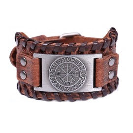 HAQUIL Viking Bracelet for Men, Viking Runes Vegvisir Icelandic Compass Talisman, Nordic Brown Wide Leather Wristband, Viking Jewelry Gifts