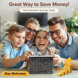 Cash Vault Wooden Savings Box 10000 and Multiple Savings Goals Larger Money Box Challenge Caja De Ahorros Piggy Bank for Adults Reusable Coin Bank with Dry Erase Pen/Savings Trackers/Rubber Band-White