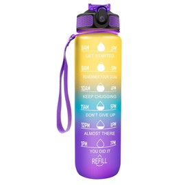Spinegear 1Liter 32oz Water Bottle | Motivational Water Bottle with Time Marker & Straw | BPA-Free Tritan Leakproof Design, One-Click Open for Hydration Goals (Yellow Blue purple, 1 Litre)