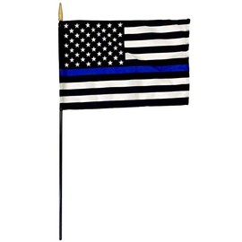 Qty 1-12x18 Thin Blue Line Stick Flag, Printed Nylon Mounted on 30" Black Painted Stick with Gold Tip, Fully Hemmed Quality, Made in USA