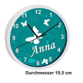 CreaDesign, WU-30-1032-10 Butterfly Petrol Wall Clock for Children's Room, Silent Movement without Ticking, Customisable with Name, White Frame, Diameter 19.5 cm