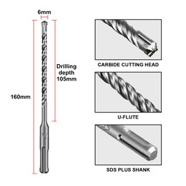 SALI 10PCS SDS Plus Rotary Hammer Drill Bit Concrete Drill Bit Kit Double Thread 4-Cutter Tungsten Carbide Tip Fully Hardened Tool for Concrete, Brick, Cement Walls,Stone 6mm x 160mm Cross Drill Bits