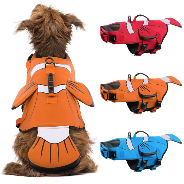 DENTRUN Dog Life Jacket Safety Vests for Swimming, Adjustable Puppy Pool Lake Floats Coat High Visibility Superior Floatation & Rescue Handle, Clownfish Shape Water Vest for Small Medium Large Dog