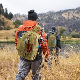 OROOTL Fishing Backpack with Rod Holder Lightweight Fishing Sling Bag Waterproof Fishing Tackle Gear Bag Fishing Gifts for Men Outdoor Shoulder Pack for Fishing Hiking Hunting