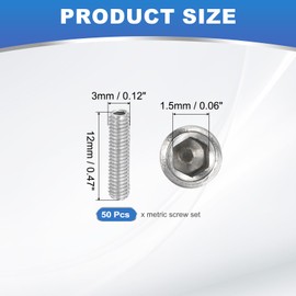 PATIKIL 50 Pcs Hex Socket Grub Screw, M3x12mm Flat Point Grub Bolt 304 Stainless Steel Head Socket Set Screws for Door Handles Light Fixture Repair