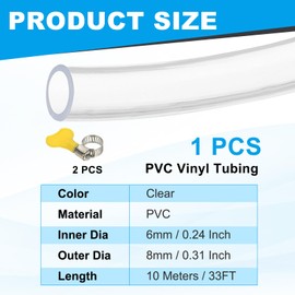 PATIKIL PVC Vinyl Tubing, 1/4" ID x 5/16" OD Flexible Clear Plastic Tube with 2 Hose Clamps, Hose Line Pipe for Multipurpose Industrial Vinyl Aquarium, 33FT