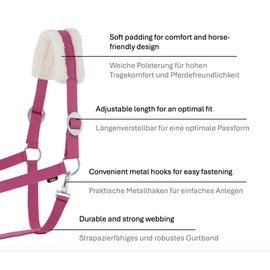 JA Horse Faux Fur Halter Lead Rope Set with Carabiner Hook Adjustable Horse Halter Horse Wooden Horse Tie Rope (Faux Fur Snap Hook Pink, Pony)