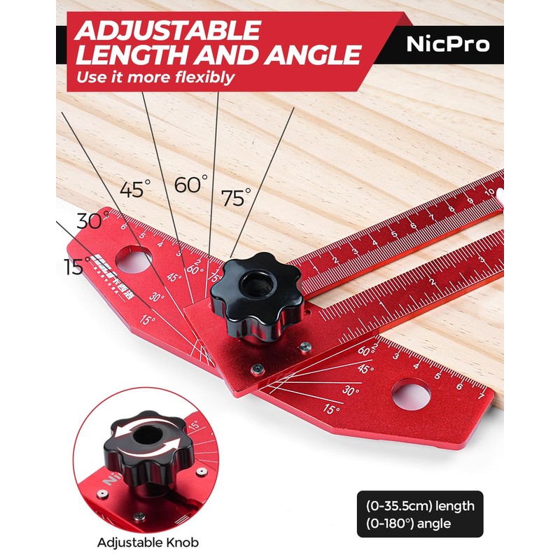 Nicpro Woodworking Scriber Marking Line Ruler, Adjustable Aluminum Alloy Sliding