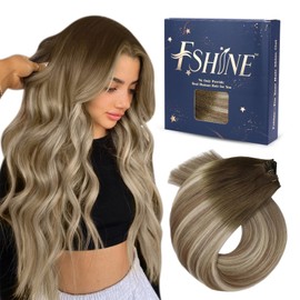 Fshine Mechones de Pelo Humano Tejido 20 Pulgadas 60g Balayage Castaño Oscuro Mezclado Castaño Ceniza y Rubio Claro Extensiones Mechones de Pelo Liso Genie Extensiones Color 3 8 22
