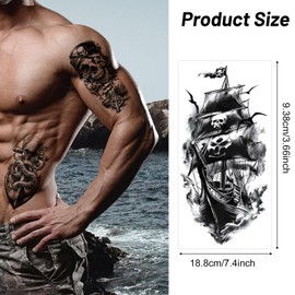 HZHSGLY 20 Sheets Pirate Tattoos, Fake Tattoos Realistic Half Arm Pirate Skeleton Ship Captain Anchor Compass Temporary Tattoos for Adult Men Women Kids Stickers