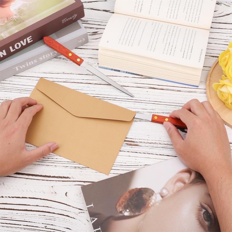 2pcs Letter Openers, Durable Stainless Steel Envelope Cutter with Wooden