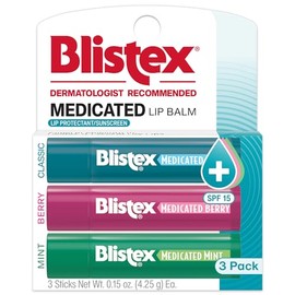 Blistex Bálsamo labial medicado, 0.15 onzas cada uno, clásico, sabor a menta y bayas, calma y protege, cuidado labial medicado avanzado para labios secos y agrietados, protección solar SPF 15, 3 unidades, 1 paquete