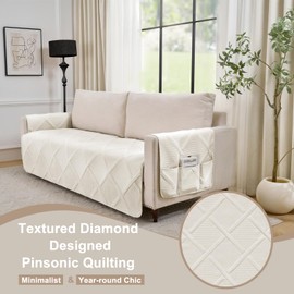 Pamhaven Quilted Couch Covers for Dogs with Pockets, Anti-Slip Diamond Quilted CouchCovers for 3 Cushion Sofa, Washable Couch Seat Covers, Water-Repellent SofaCover (Large Sofa 68", Cream White)