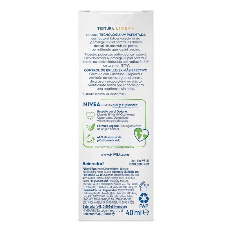Nivea Protector Solar Facial Control Brillo Fps50+ 40ml