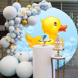TTQYFNM 6.5x6.5ft Yellow Swimming Duck Round Backdrop Cover Polyester Bubble Rubber Duck Sweet Baby Shower Blue Circle Photography Background for Newborn Infant Kids Birthday Party Banner Decoration