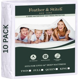 Feather & Stitch Bedding Mattress Protector Full Size (10 Pack) for Kids, Teens & Adults, 100% Waterproof Mattress Cover- Fitted Style with Deep Stretchable Pockets, Absorbent, 5-Sided Mattress Cover