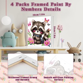 4 Pack Animal Paint by Number for Kids with Wooden Frame-Paint by Numbers for Kids Animals Ages 4-8-12,Easy Owl Fox Hedgehog Raccoon DIY Acrylic Oil Painting Kits for Home Wall Decor(8X8inch)
