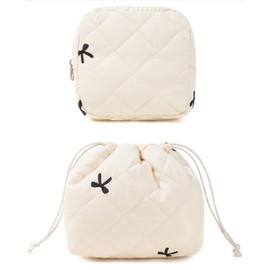 LETGO Cotton Makeup Bag,Quilted Cosmetic Bag,Large Floral Make Up Bag for Women,Cotton Drawstring Makeup Bag Set,Travel Toiletry Bag Small Comestic Bag for Purse (White Bow)