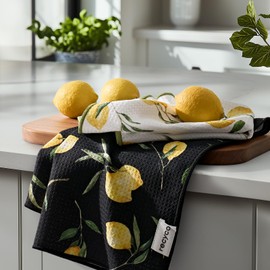 RECYCO Waffle Kitchen Towel Set of 2 - Quick Dry Microfiber Sustainable Dish Towels - Ultra Absorbent Reusable Cleaning Tea Towels - Lightweight Hand Towels,16”x 28”, Lemon Grove