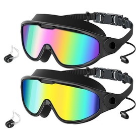 Swimming Goggles, Uicokss 2 Pack Wide View Anti Fog&UV Swim Goggles with Ear Plugs Nose Cover for Audlt, No Leaking Swim Glasses for Men Women Youth