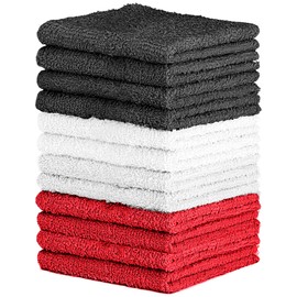 QUBA LINEN 100% Cotton - Wash Cloth Set - Pack of 24, Flannel Face Cloths, Highly Absorbent and Soft Feel Fingertip Towels (Dark Grey, White and Burgundy, 12x12 Pack of 12)