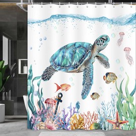 Boziqr Nautical Sea Turtle Shower Curtain Blue Ocean Beach Shower Curtains for Bathroom Starfish Anchor Fish Tropical Bathroom Curtain and Hooks Set 70 x 70 Inch