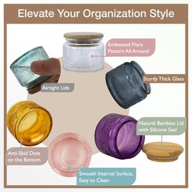 LINGSHINE Colored Mini Glass Jars with Reusable Bamboo Lids, 24 pack 4oz Multi-Color Embossed, Home Décor Food Storage Candle Parties Wedding Baby Shower Favors Gift