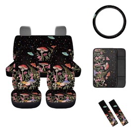 Mumeson Mushrooms Car Front Seat and Rear Bench Covers Car Seat Covers Set with 15 Inches Steering Wheel Cover Shoulder Cushion 15 Inches Steering Wheel Covers Armrest Cushion Pad